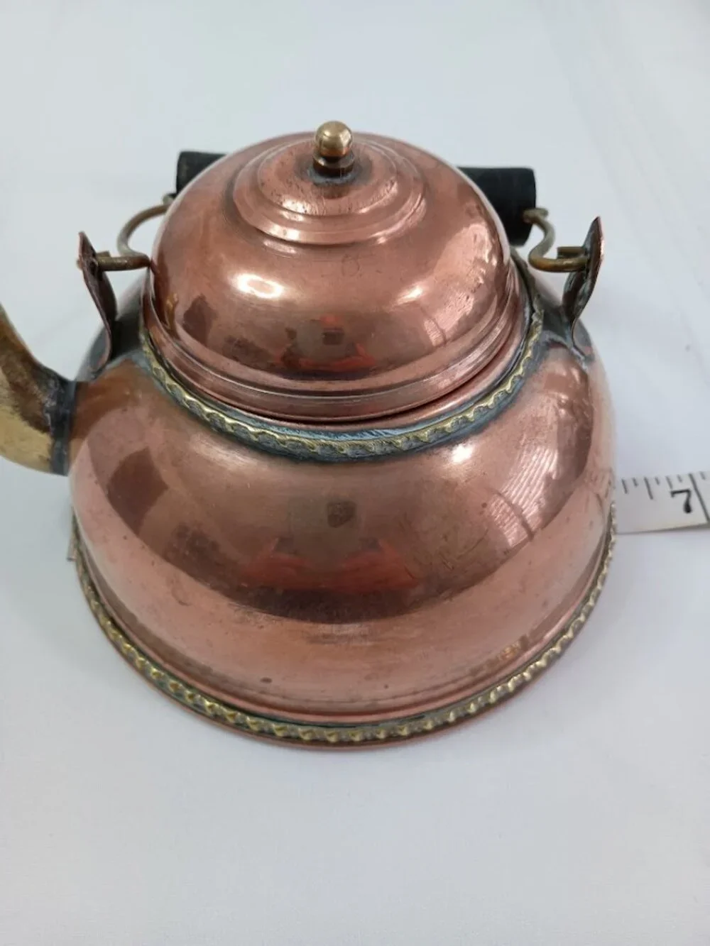 Vintage Handcrafted Rustic Teapot with Brass Accents and Black Handle